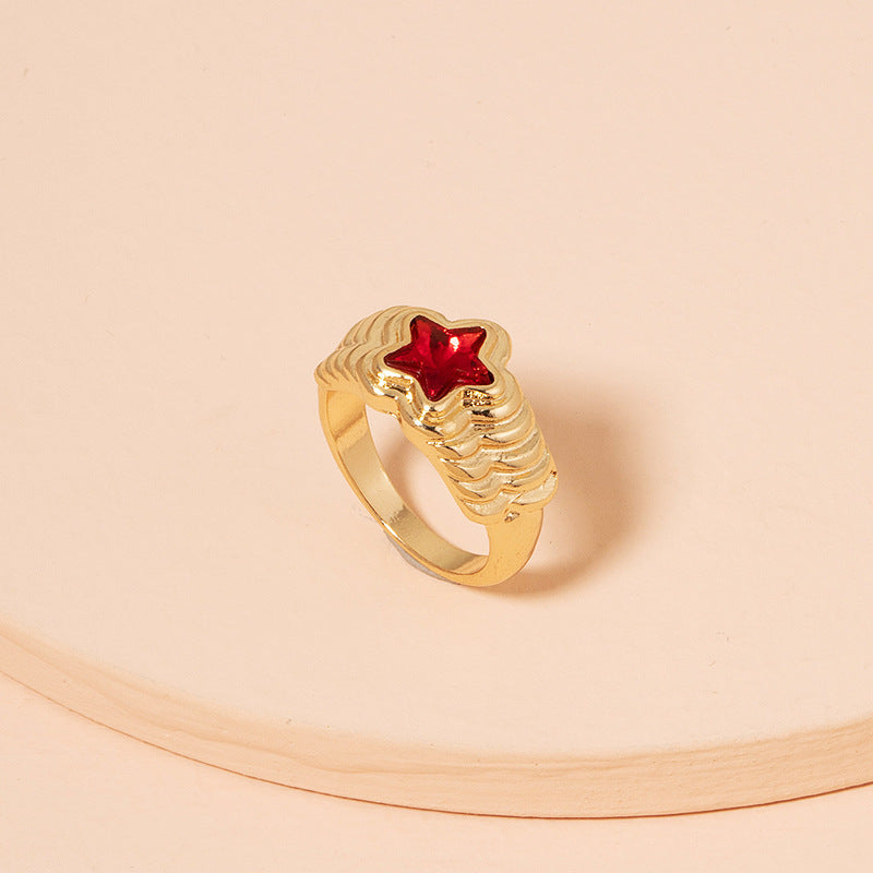 Unisex Alloy Five Pointed Star Ring Korean Fashion Electroplated Inlaid Gems Jewelry Accessory Timeless Fashion Glam