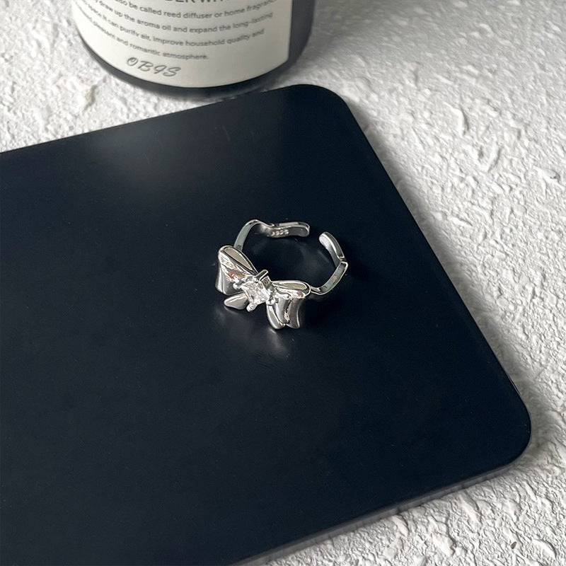 Girls Bow Ring 925 Sterling Silver Zircon Inlaid Adjustable Open Ring Gift For Birthday Everyday Jewelry For Girls