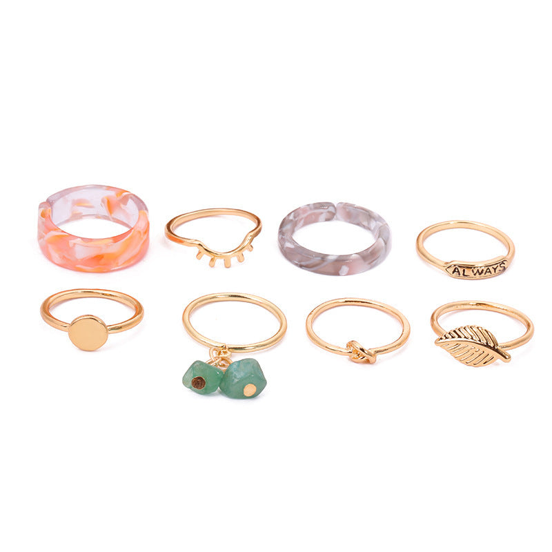 Geometric Ring Set Eight Piece Natural Stones Fashion Jewelry For Everyday Wear Versatile Accessory Collection