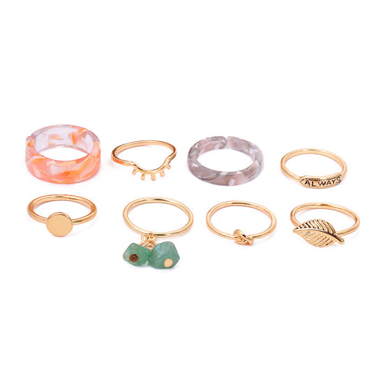 Geometric Ring Set Eight Piece Natural Stones Fashion Jewelry For Everyday Wear Versatile Accessory Collection