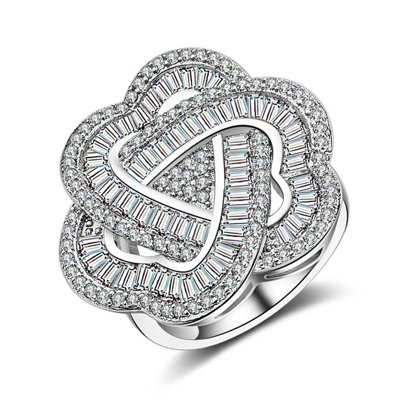 Womens Vintage Flower Zircon Ring Copper Gold Plated Exaggerated Band For Ladies Jewelry Elegant Jewelry Style