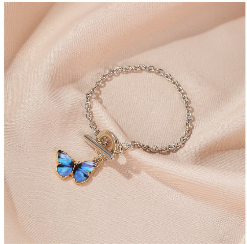 Womens Gold Plated Butterfly Pendant Bracelet European Geometric Design Alloy Bangle Dark Blue Light Blue Glow