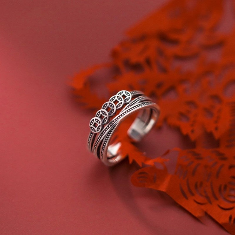 Womens 925 Silver Adjustable Ring Retro Geometric Band Symbolizing Prosperity Wealth Lucky Ring Everyday Shine