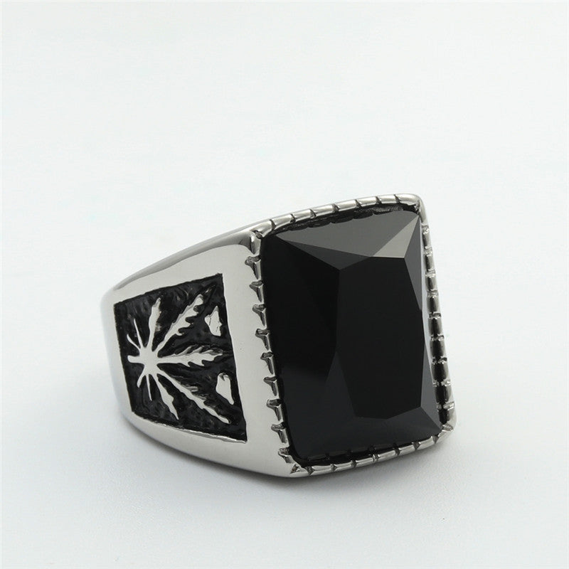 Titanium Steel Leaf Gemstone Retro Stainless Steel Square Ring