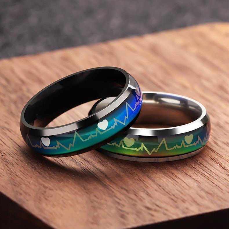 Titanium Steel Couple Rings Geometric Design With Color Changing Thermochromic Inlay For Him And Her Fashion Accessory