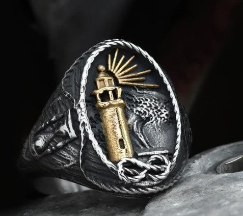 Men's Stainless Steel Ring Ocean Lighthouse Design Unisex Band Steel Color Medium Gold Ring Animal Zodiac Modeling