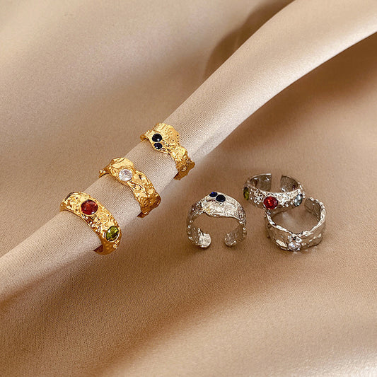 Irregular Metal Ring for Women French Retro Style Zircon Gold Plated 24k Shine Elegant Everyday Accessory Gift