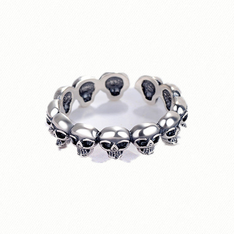 Unisex S925 Sterling Silver Skull Ring Adjustable Opening Retro Distressed Marcasite Jewelry Travel Commemoration