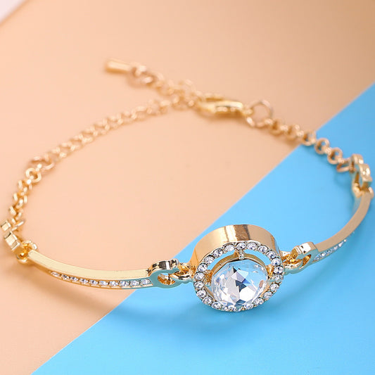 Geometric Electroplated Alloy Bracelet With Zircon Crystals And Extension Chain Korean Style Elegant Womens Jewelry