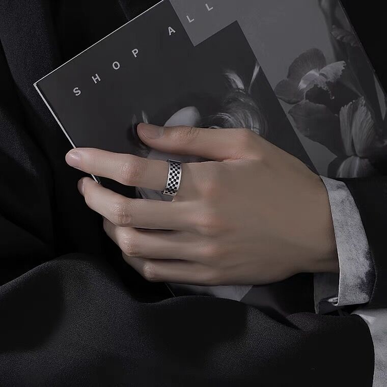 Stainless Steel Black And White Plaid Ring For Unisex Wear Durable Minimalist Jewelry For Men And Women Size 6 7 8 9