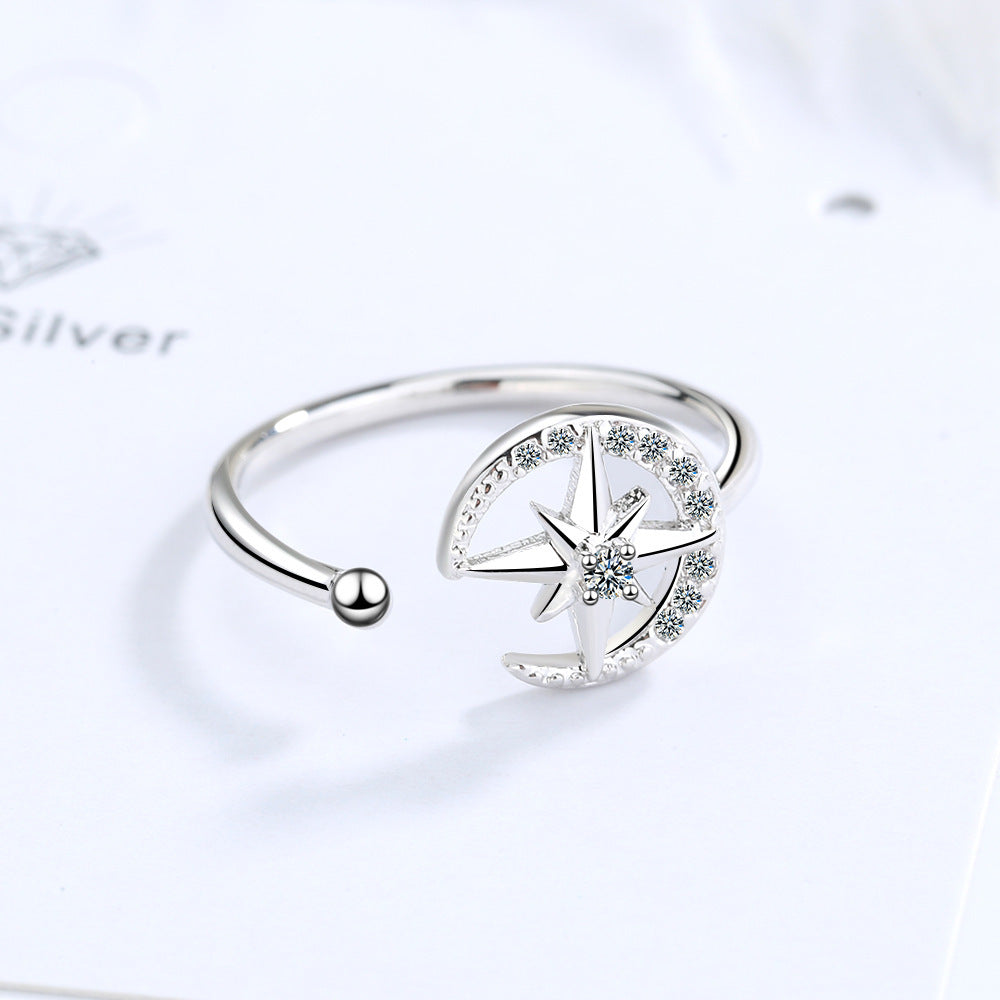 Womens Adjustable Star and Moon Ring Platinum Plated Zircon Jewellery Japanese and Korean Fashion Gift for Her