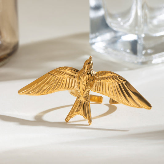 Vintage Gold Stainless Steel Flying Bird Wings Open Ring Electroplating Female Geometry Material Geometry Bird