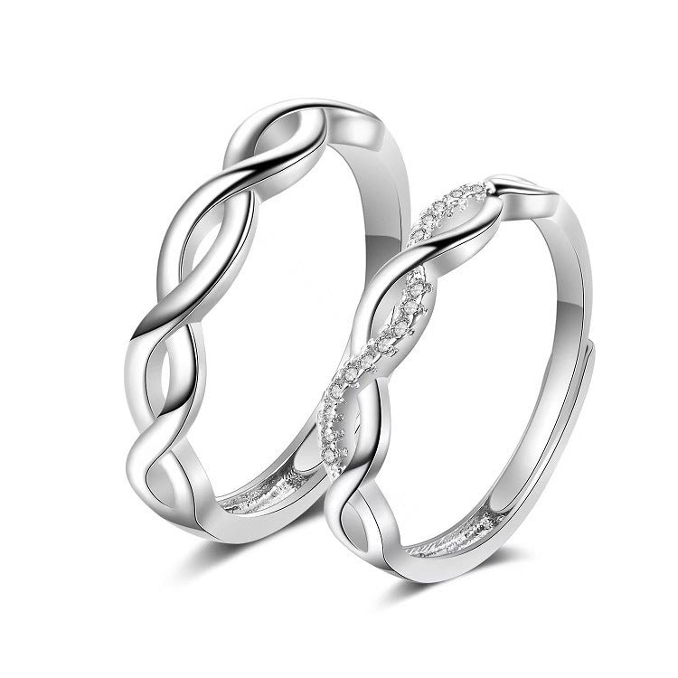 Women Adjustable Open Ring Heart Bow Wave Design Copper Electroplated Micro Zircon Inlaid Anniversary Couple Ring