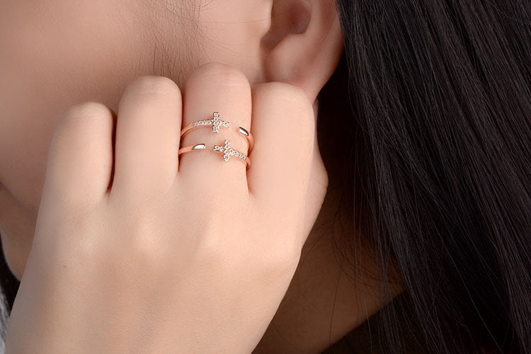 Womens Open Ring Adjustable Copper Geometric Diamond Setting Ring Korean Fashion Ring Versatile Tail Ring Gold