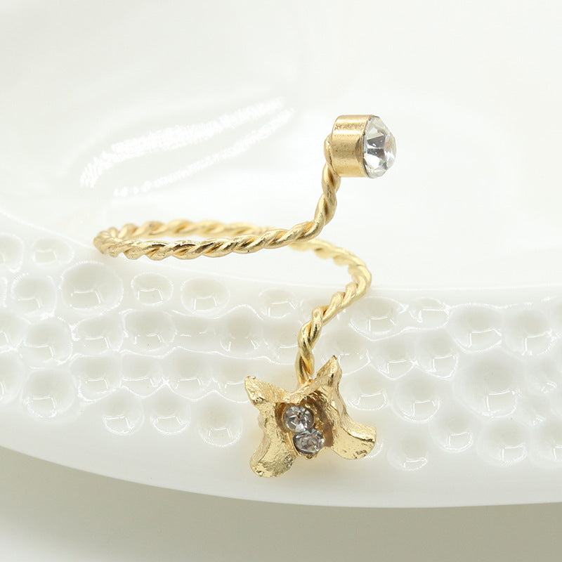 Womens Adjustable Ring With Rhinestone Starfish And Flower Design In Alloy Metal Gem Inlay For Elegant Wear Now