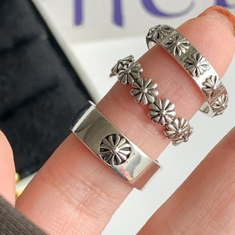 Womens Adjustable Ring Vintage Daisy Floral Thai Silver Geometric Ring For Women Girls Fashion Jewelry Opening