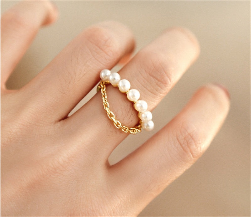 Vintage Beaded Pearl Ring With Gems Alloy Jewelry For Women