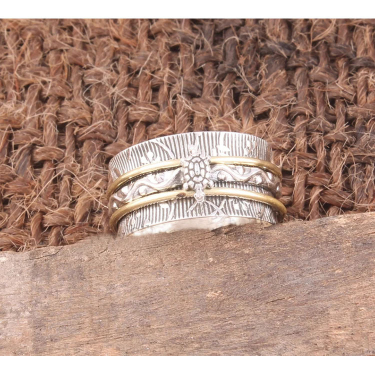Retro Electroplated Two Tone Rotatable Turtle Stripe Ring Unisex Alloy Size No7 No8 No9 No10 No11 No12 No7 No8