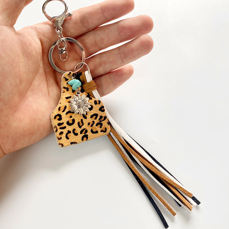 Womens Leather Keychain Turquoise Sunflower Charm Geometric Cow Design Tassel Electroplated Keyring Sweet Charm