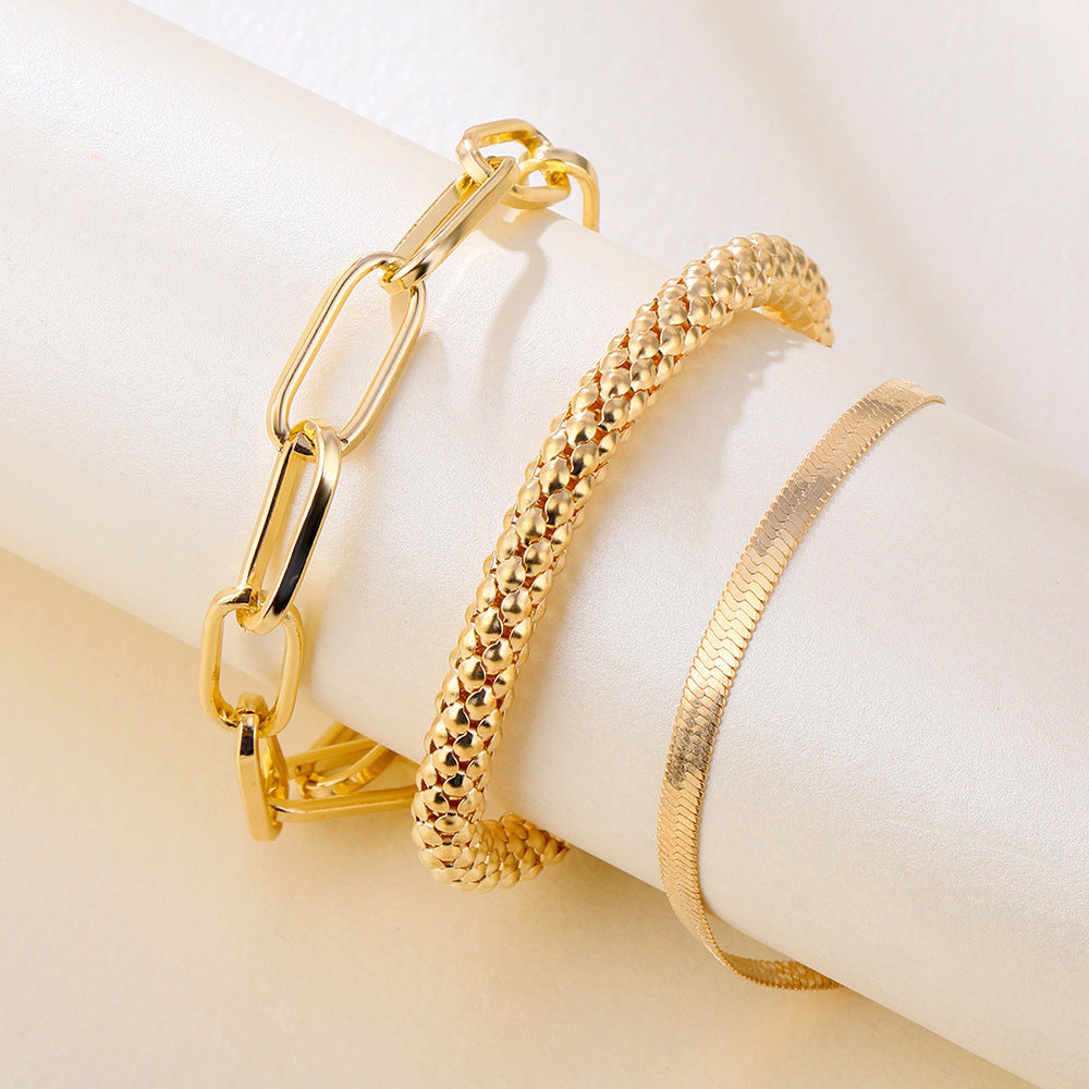 Womens Gold Plated Bracelet Set With Layered Snake Chain And Geometric Gem Accents Electroplated Finish Sparkle