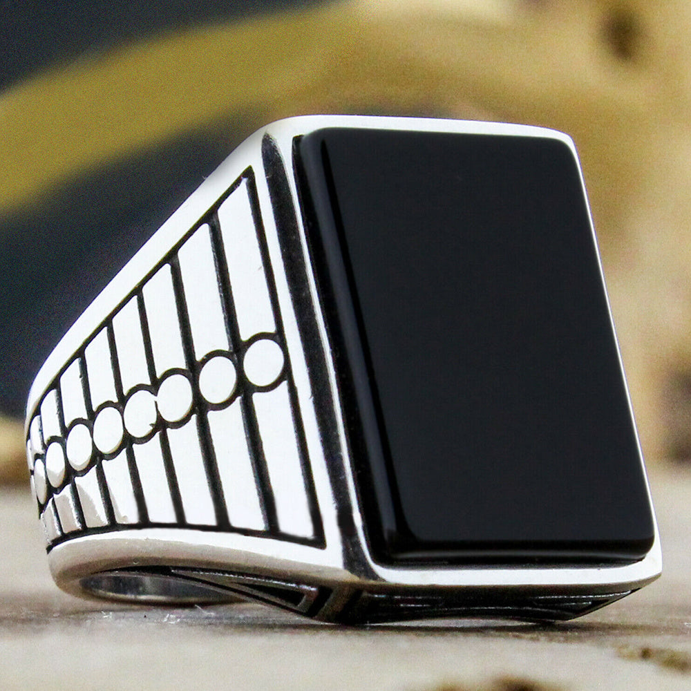 Mens Vintage Geometric Ring Alloy Electroplated With Black Artificial Gemstones European American Design Style Trend
