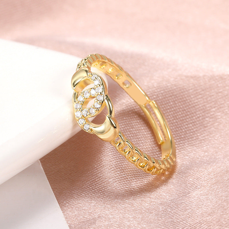 Gold Brass Adjustable Zircon Double Circle Ring For Women