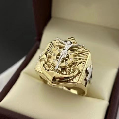 Mens Gold Plated Cross Ring With Gem Inlay European American Design Religious Jewelry Elegant Gem Inlay Design