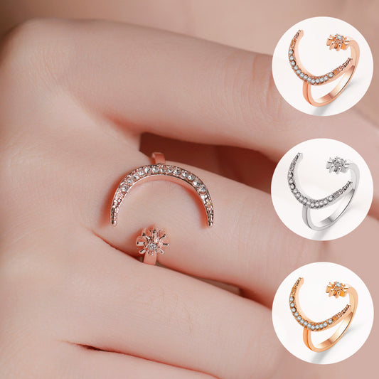 Womens Rhinestone Moon And Star Ring Opening Design Adjustable Alloy Jewelry Electroplated Fashion Ring Dazzle
