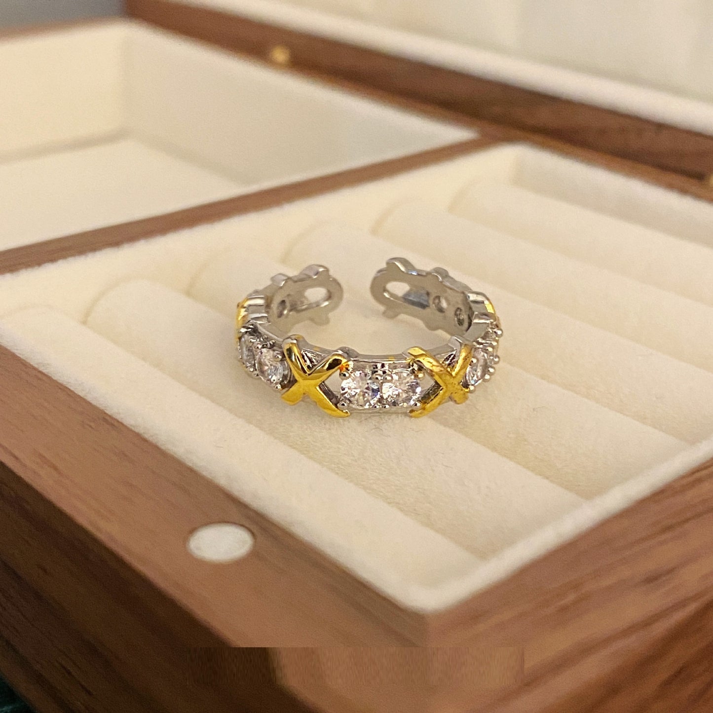 Two Tone Zircon Ring Adjustable Geometric Alloy Ring with Rhinestones for Women Fashion Jewelry SparklingStyle