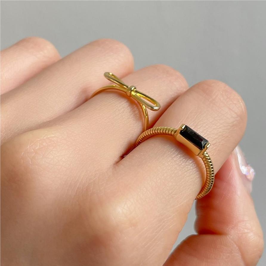 Geometric Square Black Zircon Ring 18K Gold Plated Silver Line Design Fashion Jewelry Statement Everyday Shine