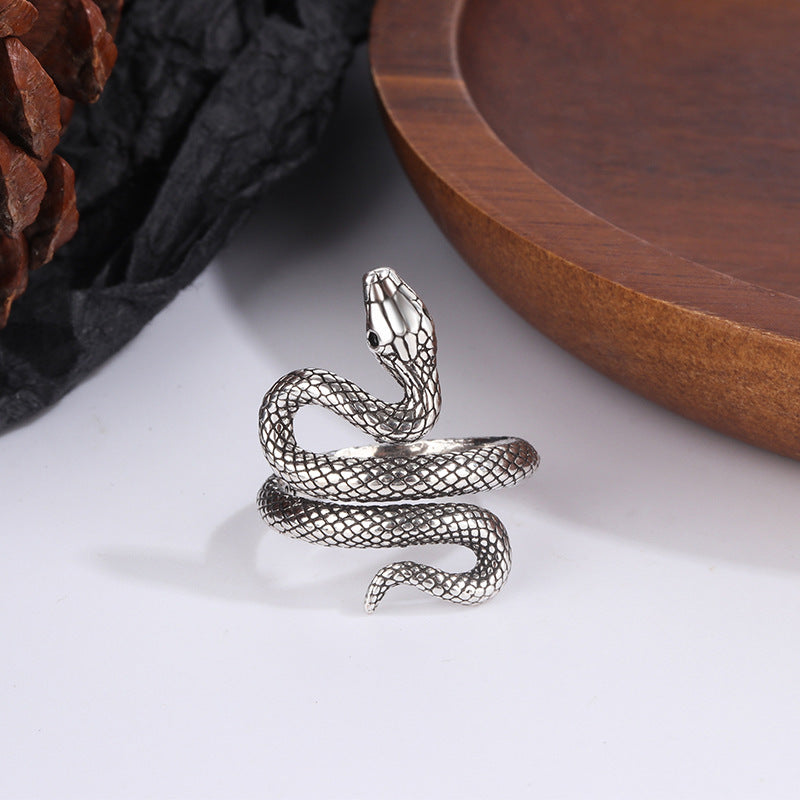 Unisex Copper Snake Ring Adjustable Multi Layer Winding Design Retro Silver Finish Distressed Look Statement Fashion