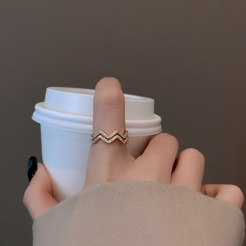 Adjustable Double Layer Wave Ring Gold Copper Curve Design For Women Trendy Korean Inspired Fashion Jewelry Accessory