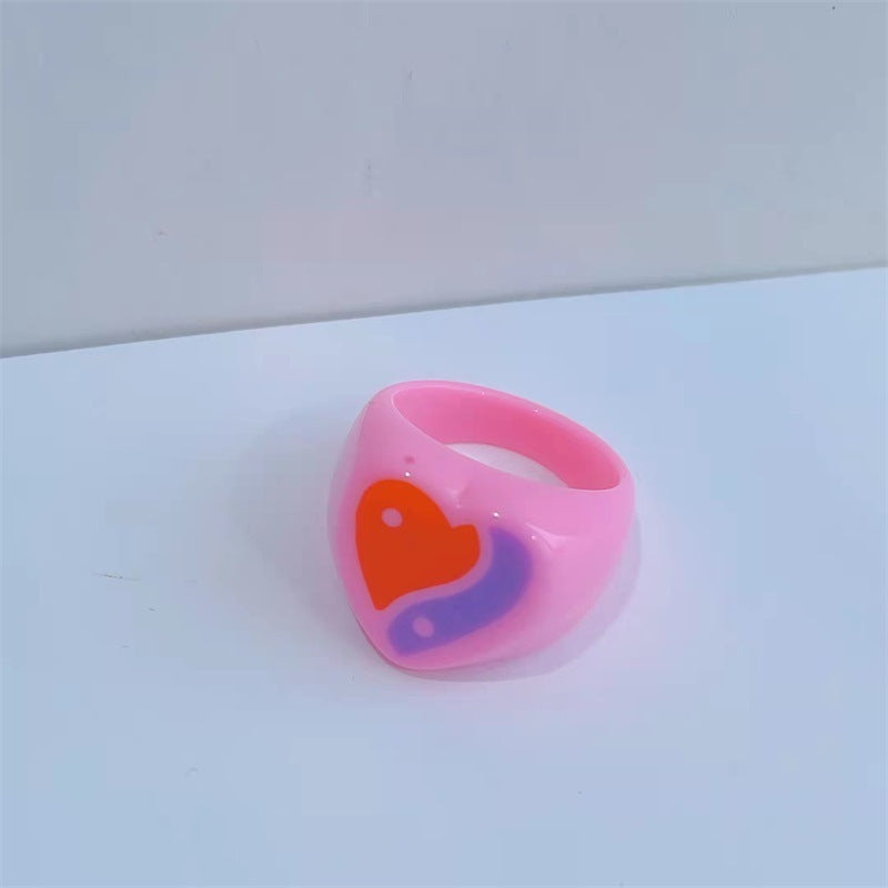 Geometric Resin Ring With Heart Eight Diagrams Design Fashion Ring 17mm Inner Diameter Yellow Red Purple Color