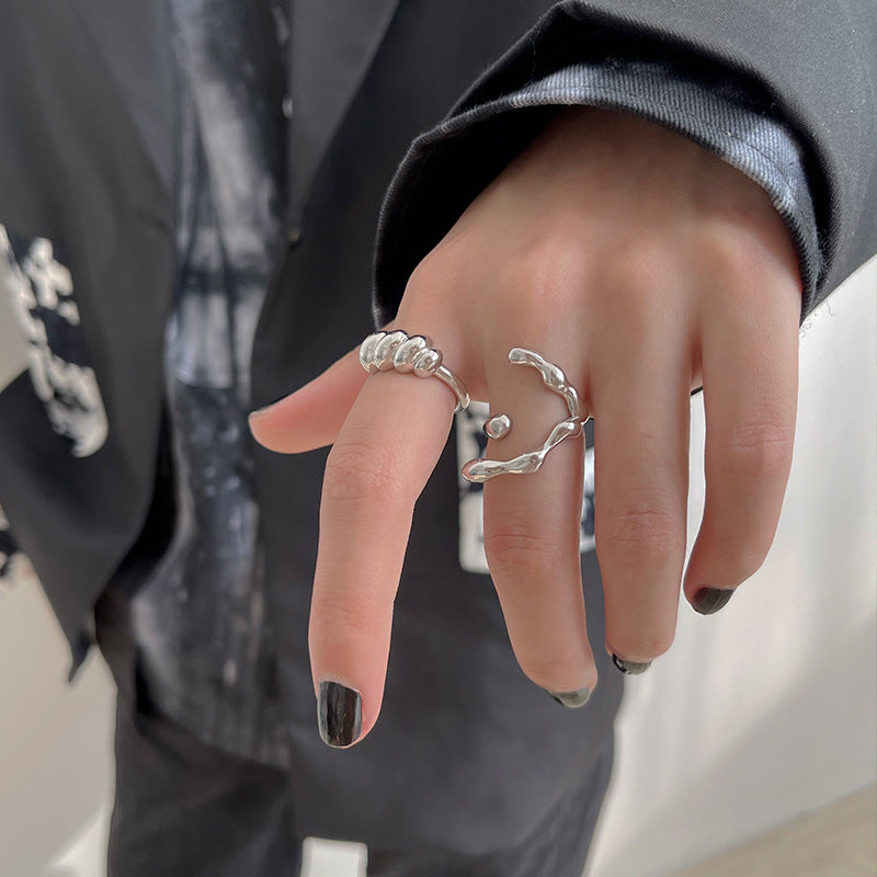 Geometric Plated Silver Ring Adjustable Band Irregular Texture Wind Design Korean Fashion Ring For Women Korean