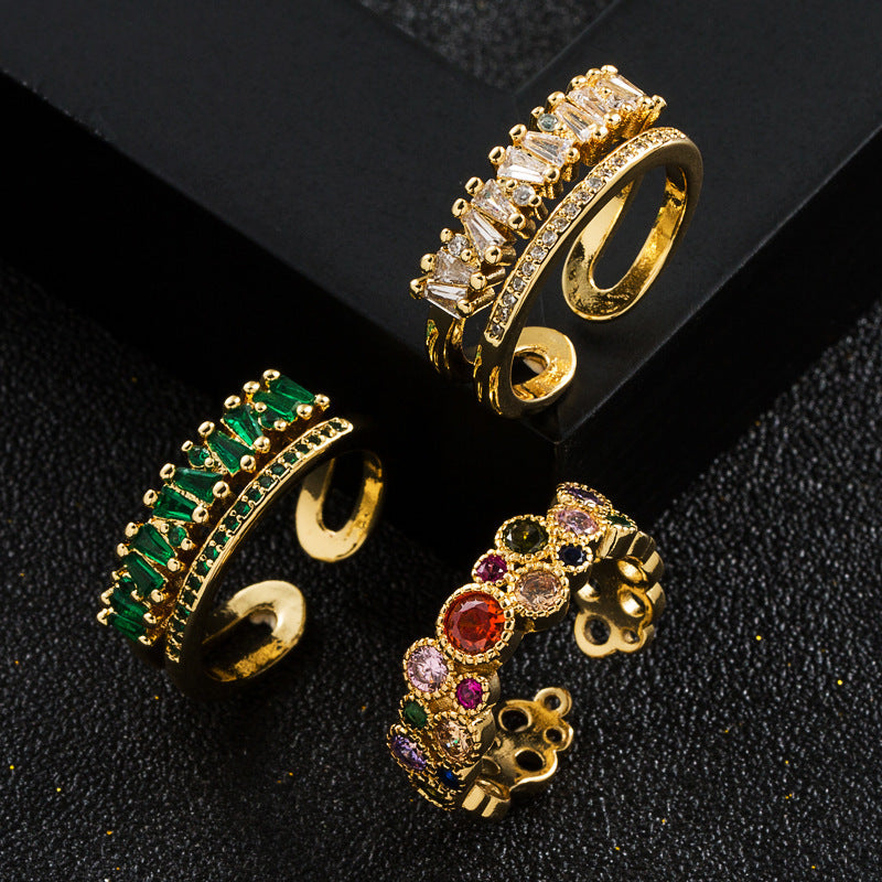 Gold Plated Zircon Ring With Double Layer Design Brass Copper Jewelry For Elegant Everyday Wear Rainbow Shines
