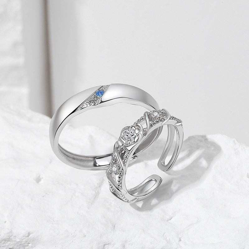 Desert Rose Sterling Silver Couple Rings Matching Design Adjustable Opening Band Anniversary Gifts For Couples