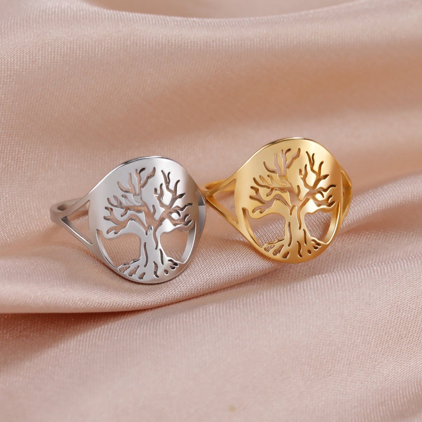 Unisex 18K Gold Plated Titanium Steel Ring With Hollow Tree Design Cartoon Styles Durable Accessory Non Fading