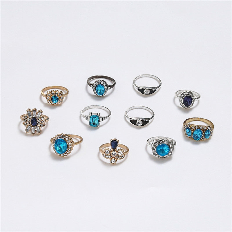 Geometric Alloy Ring Set With Blue And Black Gemstones