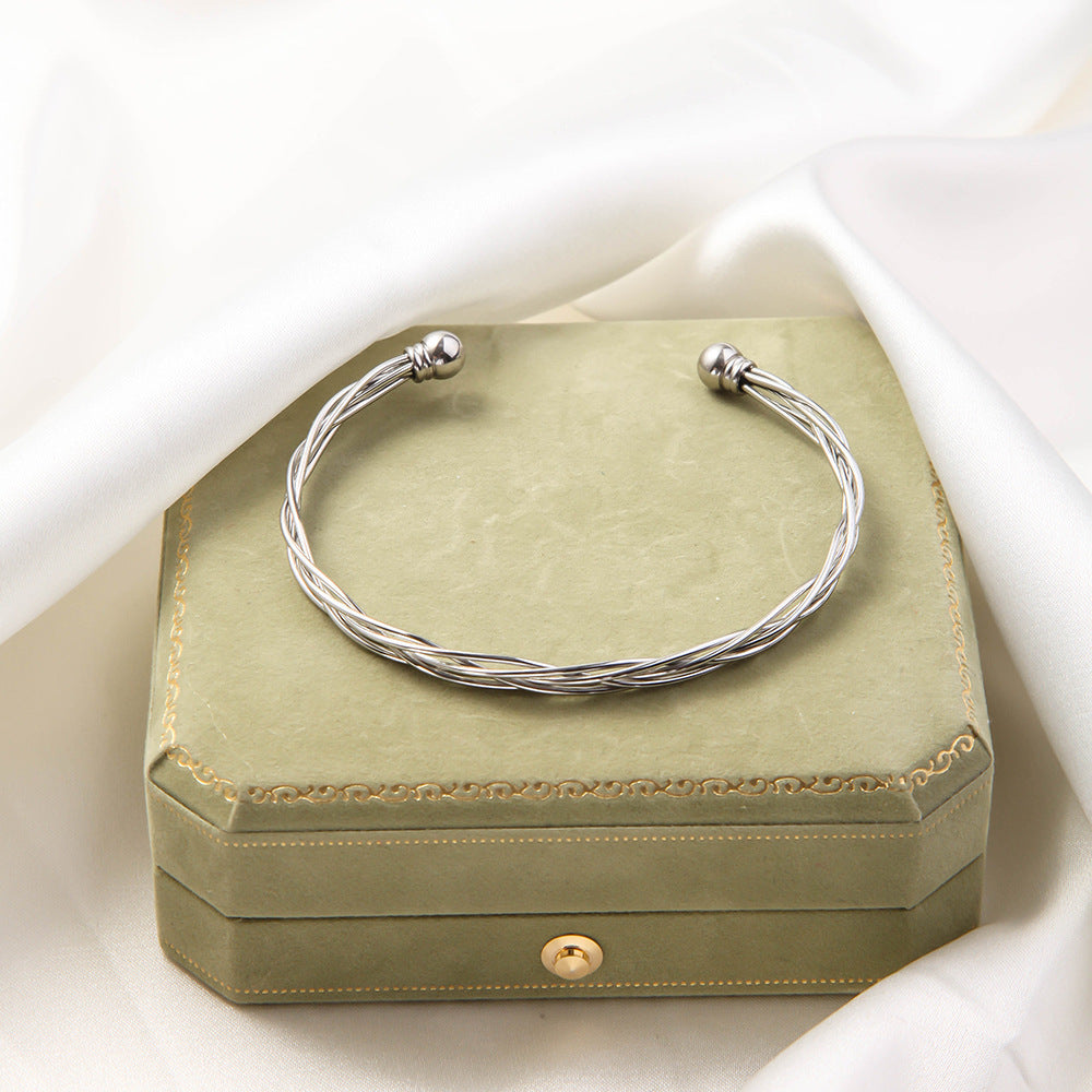 Stainless Steel Woven Bracelet Open Ended Fashion Bangle Electroplated Durable Round Design Accessory Steel And Gold