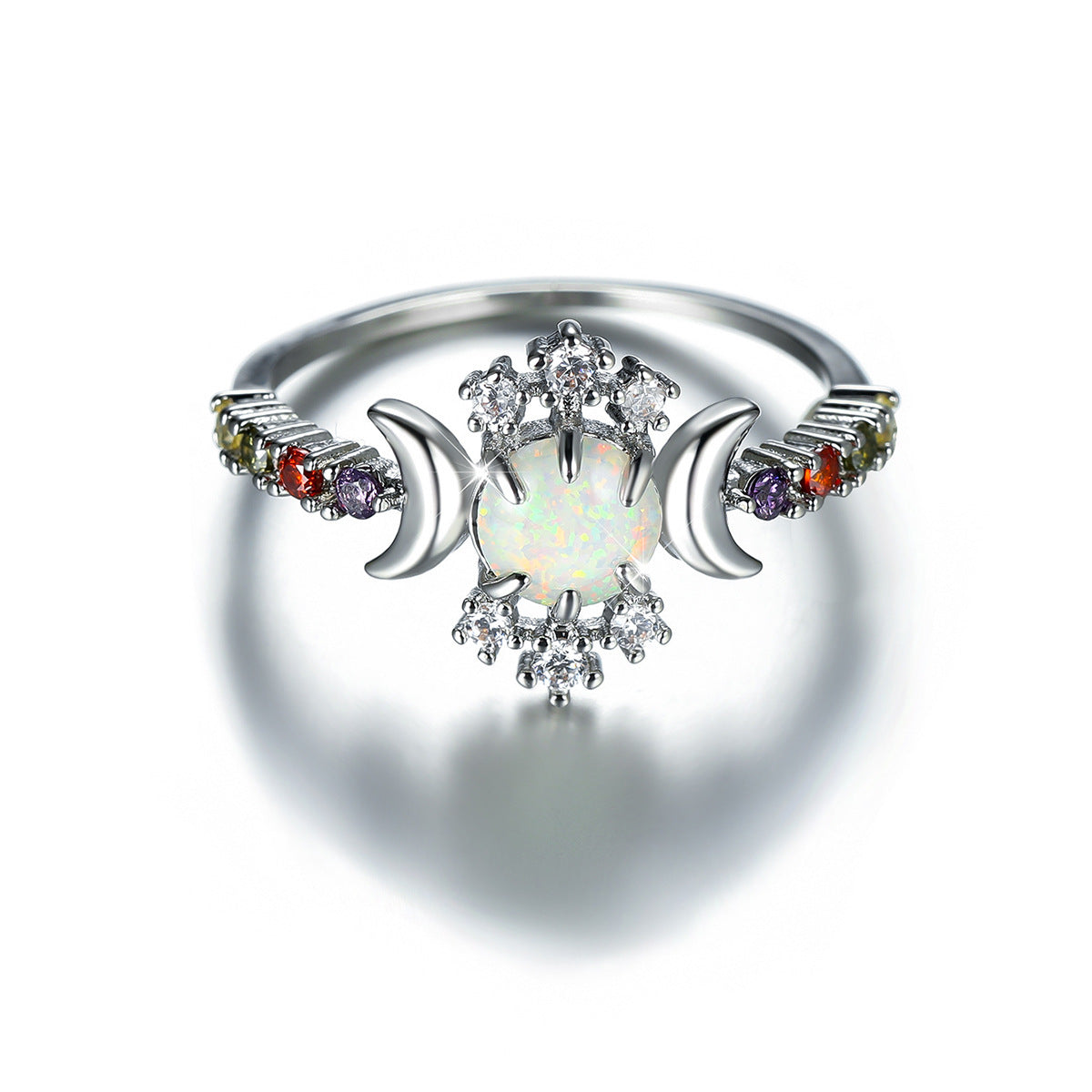 Round Glossy Double Moon Edge Set With Fancy Diamonds Opal Ring In White Gold Size 6 7 White Diamonds New Opal