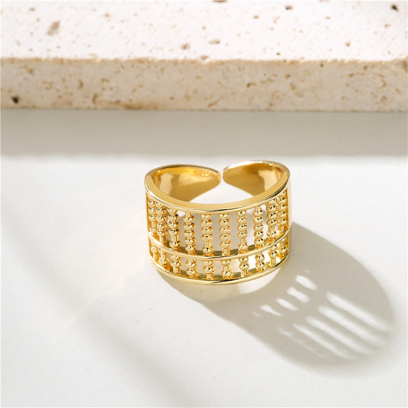 Womens Geometric Abacus Ring Shape 18K Gold Plated Copper Ring Micro Inlay Zircon Accent Adjustable Opening