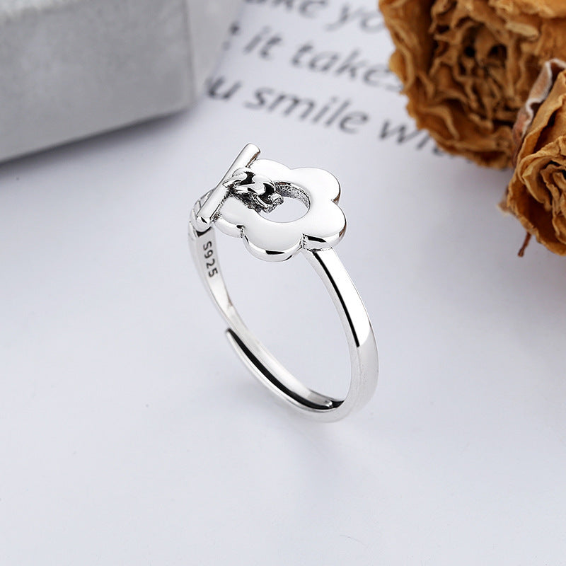 Sterling Silver Ring Korean Flower Chain Design Adjustable Opening Distressed Geometry Ring For Women About Two Grams