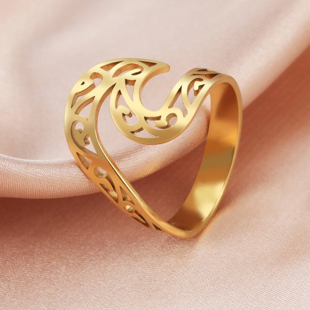 Unisex Titanium Steel Ring With Wave Pattern Gold Plated