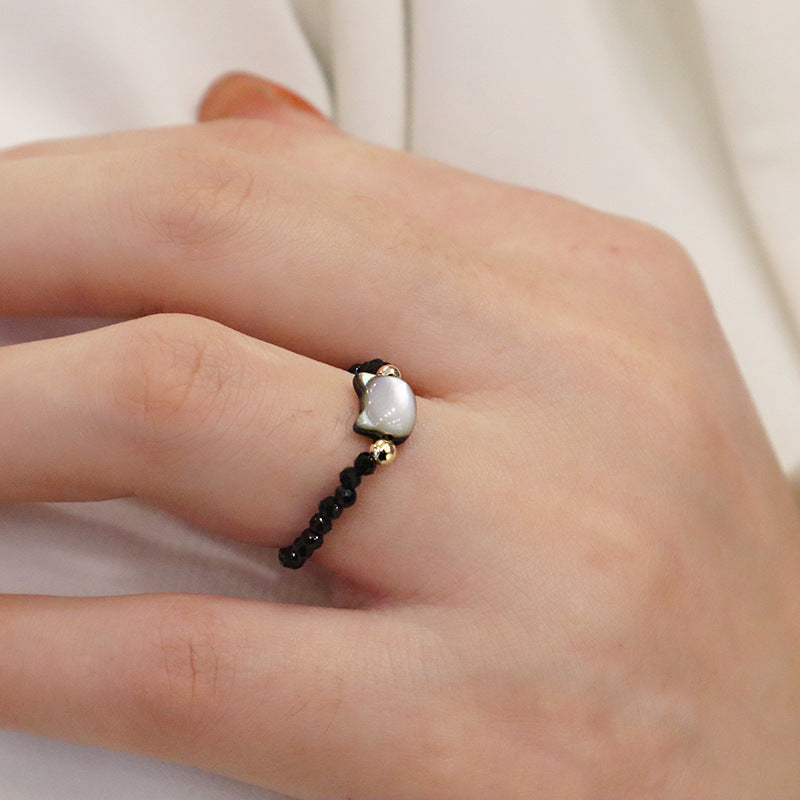 Two Dimensional Cute Twin Elastic Cat Ring Handmade Pearl