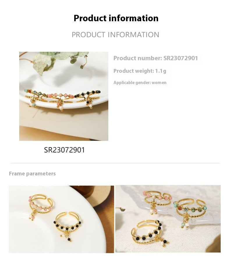 Womens Open Ring with Natural Stone and Tassel Pendant 18K Gold Plated Geometric Titanium Steel Finger Ring Girlish Vacation Jewelry for Women