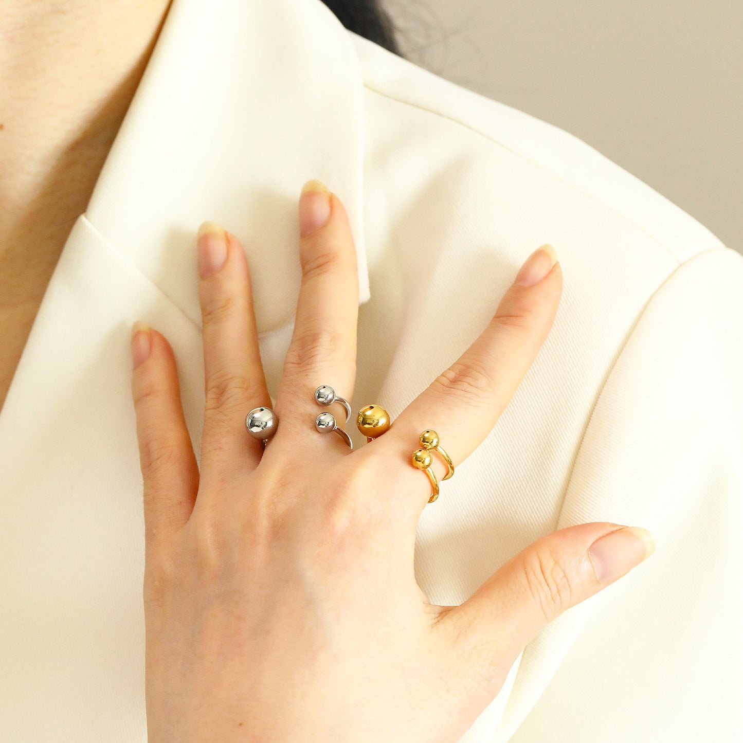 Open Mouth Geometric Titanium Steel Ring With Double Ball And Split Three Ball Design For Fashion Jewelry Chic