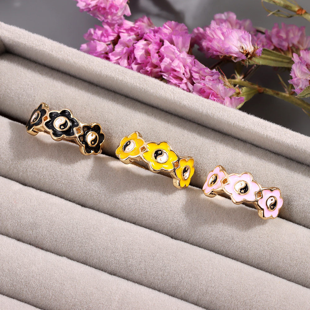 Womens Alloy Ring Drip Oil Color Flower Design Bagua Style Elegant Floral Ring For Women Fashion Jewelry Trend