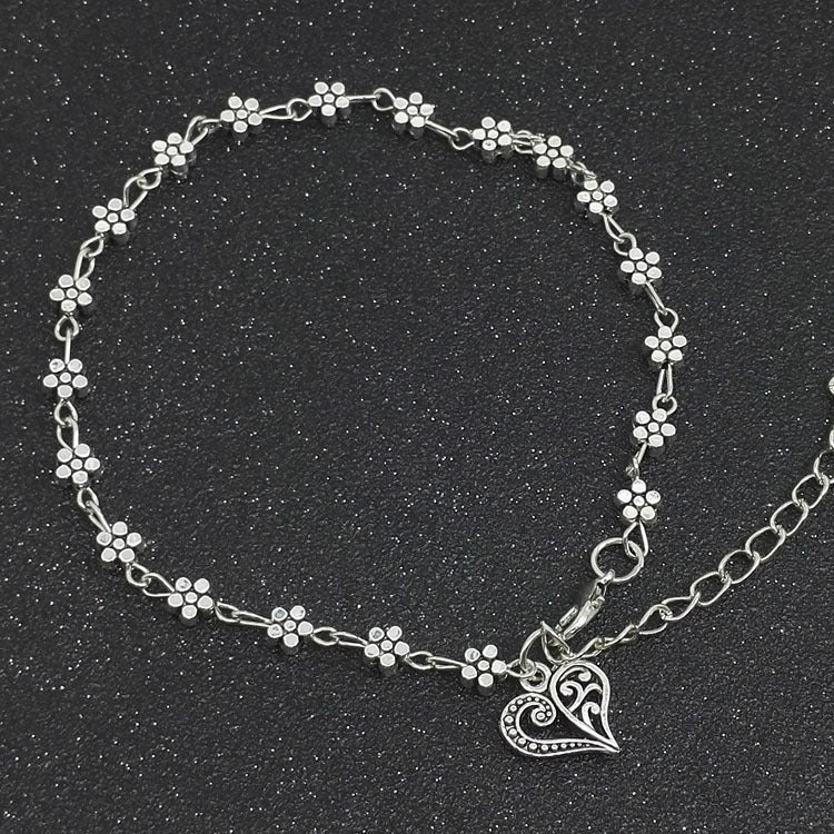 Alloy Anklet With Plum Blossom Heart Charms European Geometric Foot Chain For Beach Wear With Adjustable Chain