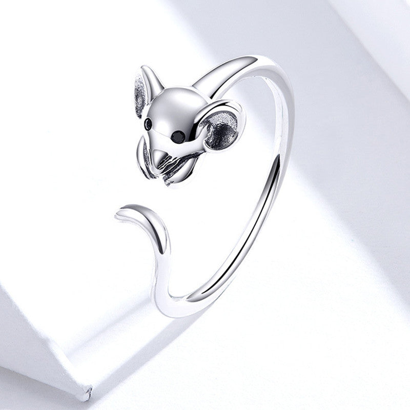Sterling Silver Animal Ring Cute Mouse Inlaid Gemstone Geometric Ring For Women Girls Thin Band S925 Ring Ring