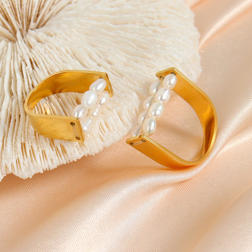 Titanium Steel Ring Double Stacked Irregular Rectangular Design With Leaf And Stars Accents White Pearl Finish